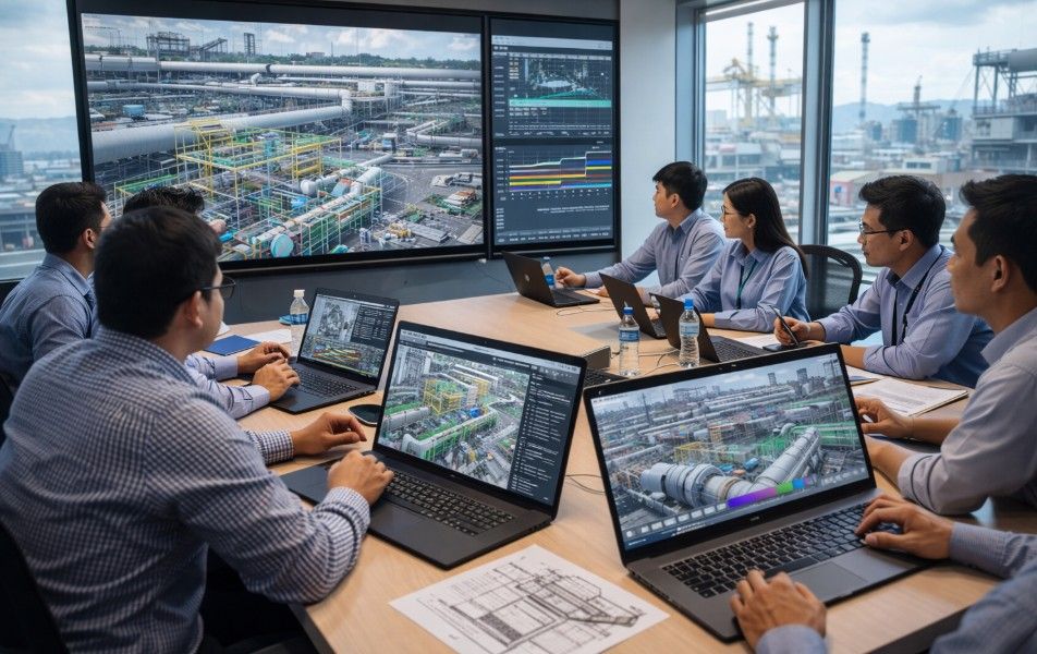Malaysian engineers and project managers conducting BIM coordination to compress construction timelines.