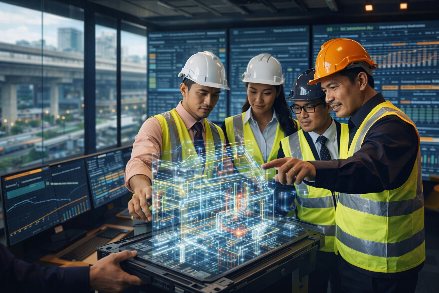 Malaysian multidisciplinary engineering team analysing digital twin BIM model for infrastructure coordination and cost control