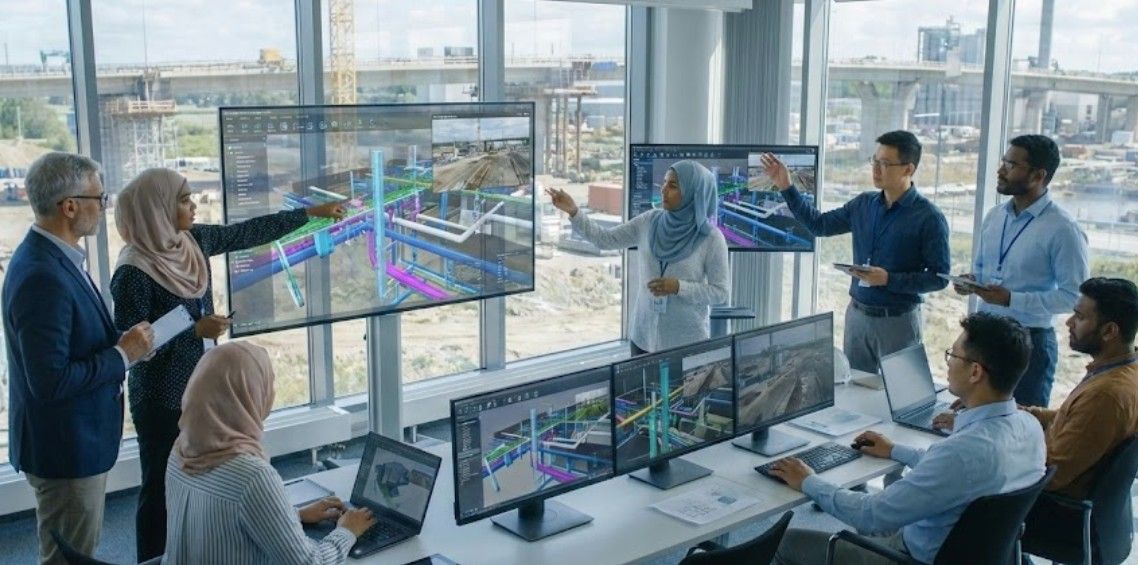 BIM-led coordination meeting aligning civil, structural, and MEP expertise for infrastructure delivery.