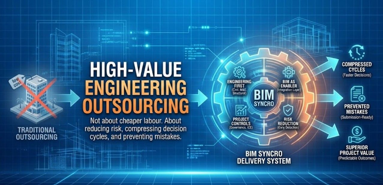 Engineering team coordinating BIM-enabled construction project for high-value outsourcing delivery