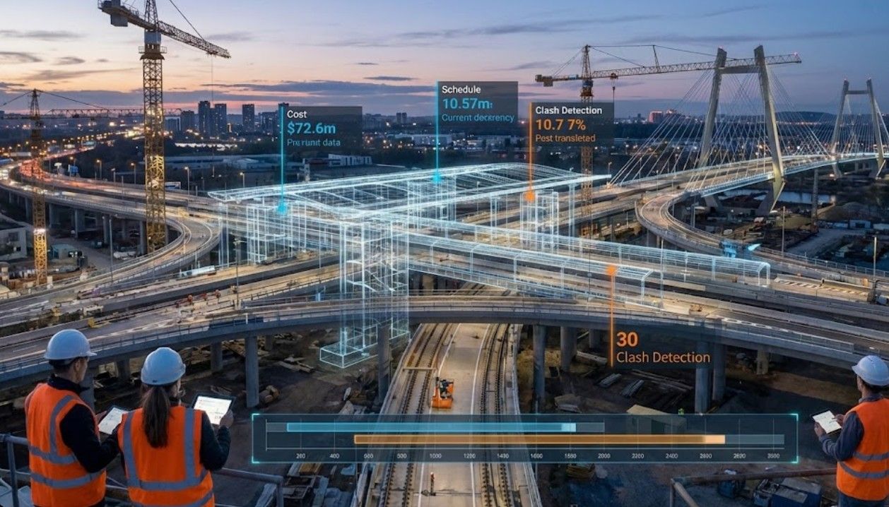 Engineers overlook a massive infrastructure site at dusk, using a holographic digital twin overlay to monitor real-time project metrics and complex structural data.