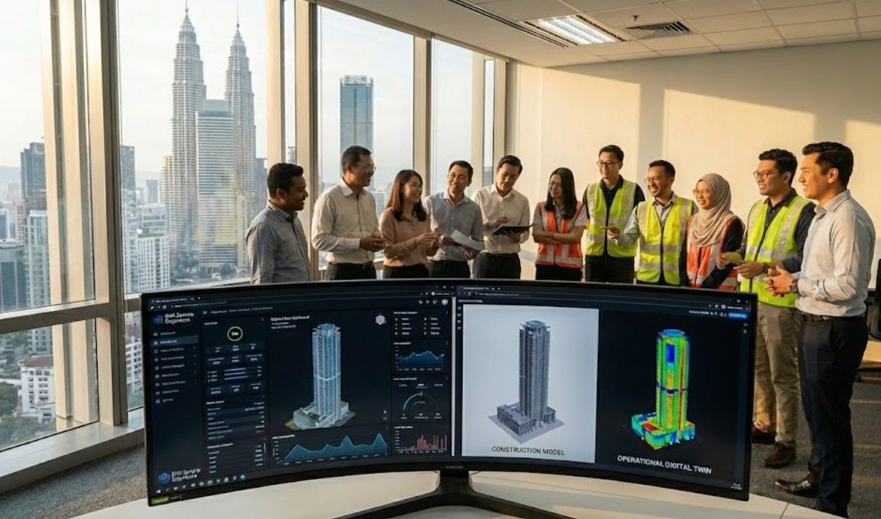A vertical, close-up photograph of a senior Malaysian property executive and his technical team engaged in a fluid discussion. The background features the iconic Twin Towers at sunset, while the foreground shows a detailed BIM Syncro Dashboard displaying real-time structural health and HVAC performance metrics. The focus is on human collaboration empowered by high-tech digital twin tools.